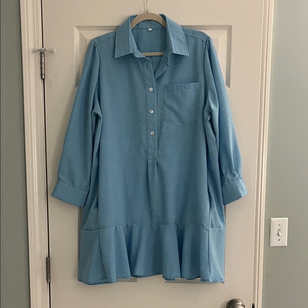 Light Blue Button-Up Tunic Dress